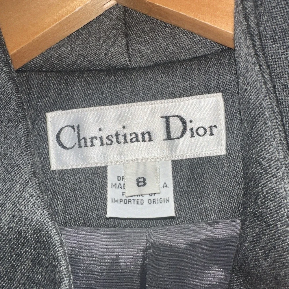 Vintage Christian Dior Gray Structured Power Shoulder Wool Blazer Jacket Sz 8
